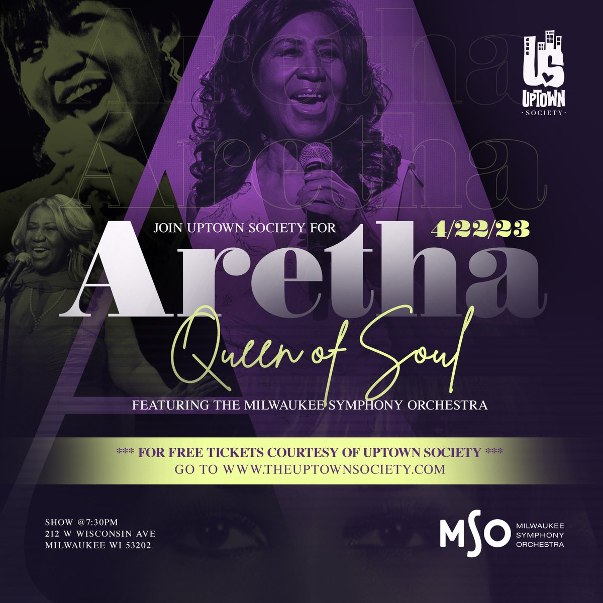 UptownMKE's tweet image. Uptown Society invites you to join us for a complimentary evening celebrating @arethafranklin and the @milwsymphorch in a program that includes iconic hits like “Respect” and much more. Tickets are available to first-time attendees of the M.S.O. at no cost. #DiversityIsDope