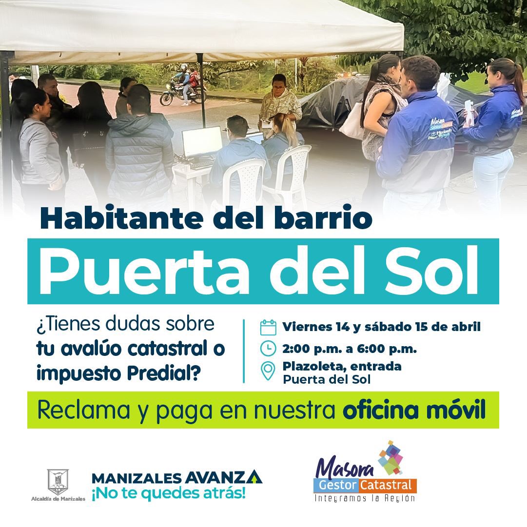 CiudadManizales's tweet photo. #CiudadResponsable🤝
Instalaremos una oficina móvil mañana viernes 14 y el sábado 15 de abril en el barrio Puerta del Sol, desde las 2:00 p.m. hasta las 6:00 p.m.
📄 Allí los contribuyentes de este sector podrán reclamar y pagar su factura del Predial. ⬇️ https://t.co/1LjNWEn28f