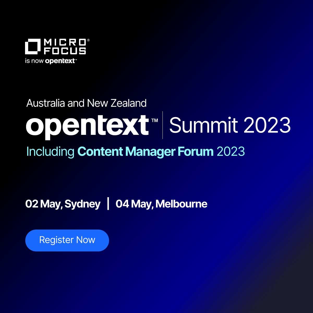 VoightBrandon's tweet photo. Join us on 2 May in Sydney or 4 May in Melbourne at the debut of the OpenText and Micro Focus portfolios. Explore new ways of harnessing information to help people connect and to work intelligently, securely, and responsibly. Register Now! #MyCompany https://t.co/pFKBDSKD5f https://t.co/ojZpSG5hH8