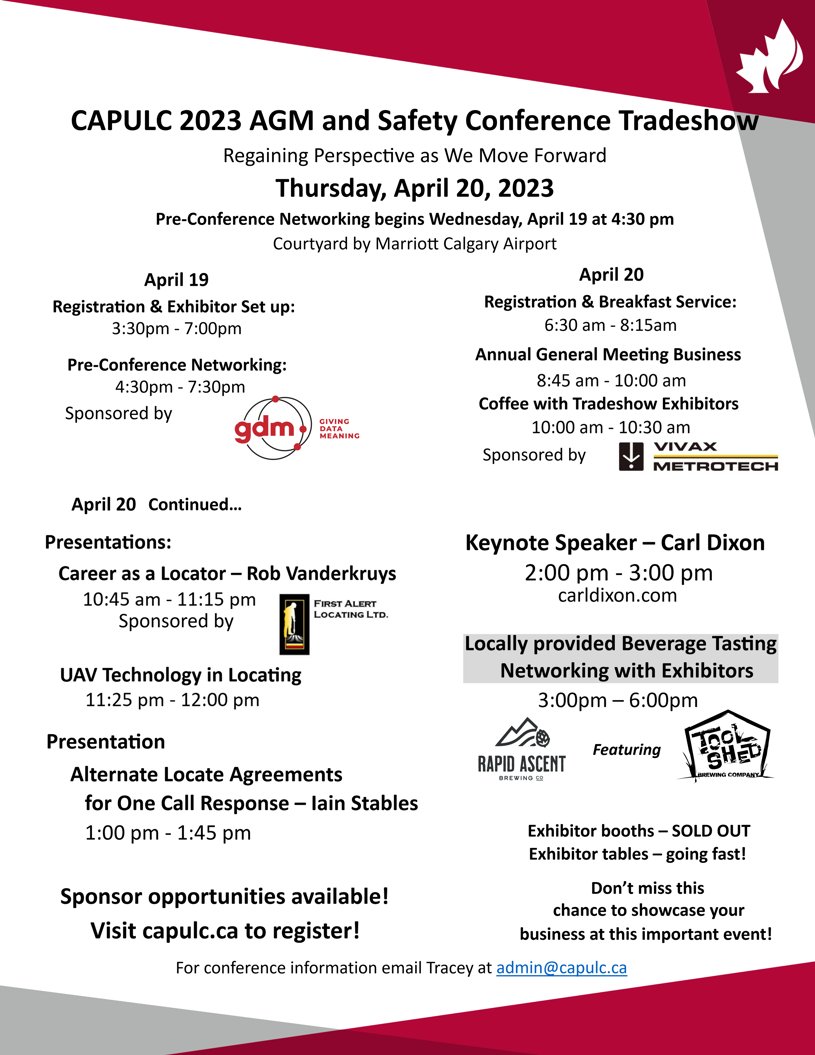 CAPULC_'s tweet image. Join us for the CAPULC 2023 AGM and Safety Conference Tradeshow in Calgary, Alberta. Booth set up and pre-conference networking from 4:30pm April 19. Breakfast service 6:30am April with Opening Remarks at 8:30am! #conference2023 #CAPULC #AGM #networking #safety