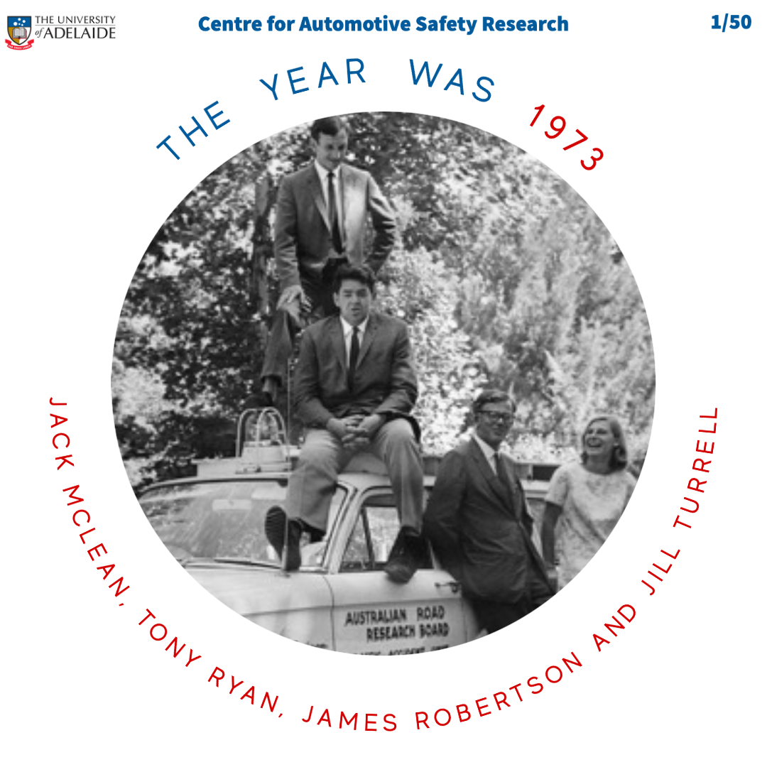 The Centre for Automotive Safety Research (formerly Road Accident Research Unit) has been around for 50 years!  <a href="/UniofAdelaide/">Uni of Adelaide</a> <a href="/UofA_SET/">Faculty of Sciences, Engineering and Technology</a>
We'll be having some fun,  celebrating and reminding you of 50 good things CASR was part of over the next 50 days.