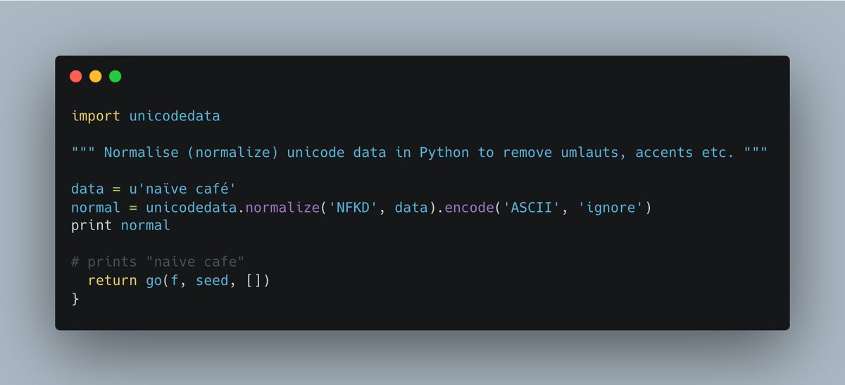 codebytes8's tweet image. Normalise (normalize) #unicode data in Python to remove umlauts, accents etc.
source: gist.github.com/paulmouzas/c4c…