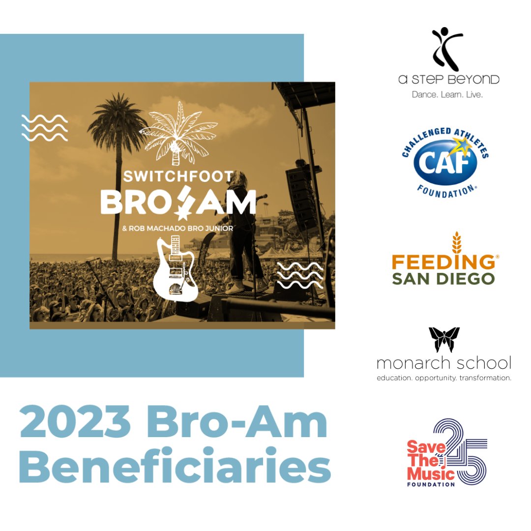 SwitchfootBroAm's tweet image. We’re stoked to have five amazing organizations back for our 2023 #BroAm events! @A_Step_Beyond10 @CAFoundation @FeedingSanDiego @SanDiegoMonarch @savethemusicfdn 
Join us in raising funds and creating awareness for these worthy causes! broam.org #PlayYourPart