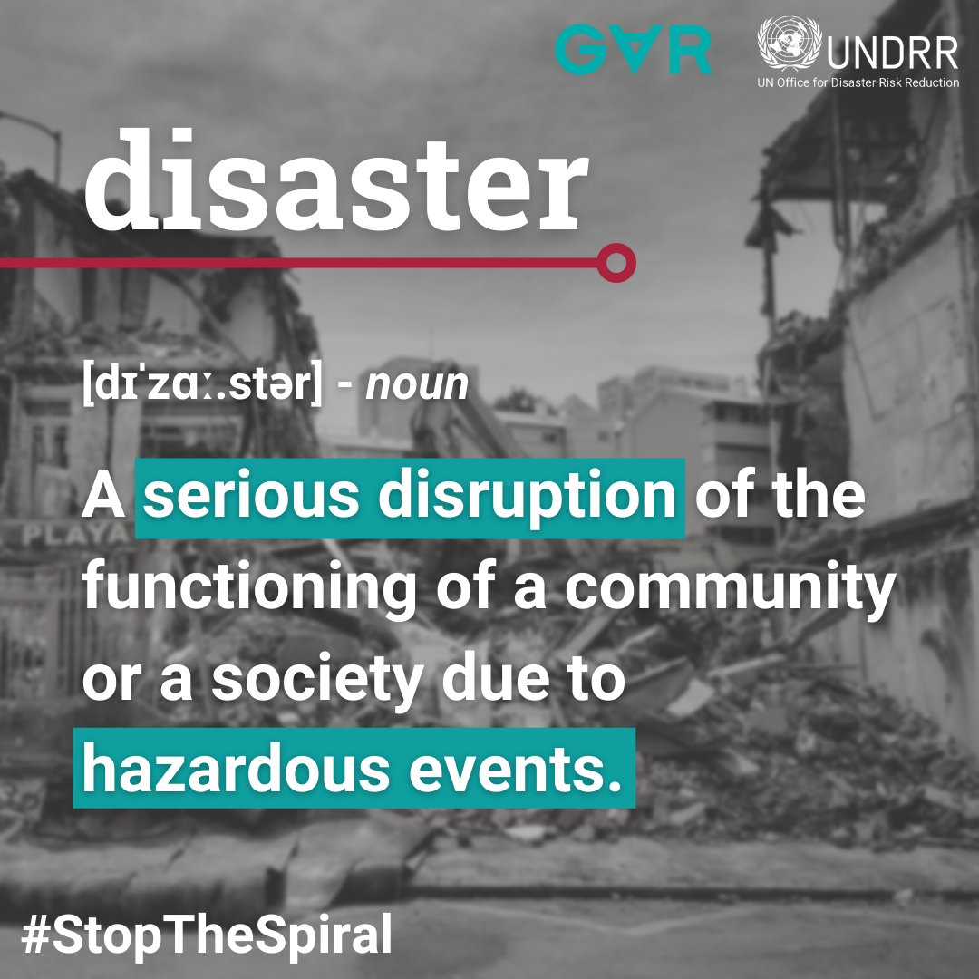 UNDRR's tweet photo. The world 🌎 has experienced up to 500 medium- to large-scale annual disasters over the last 20 years. 
This is 5 times higher than the previous three decades.

Together, we must #StopTheSpiral 🌀

Learn how in the #GAR2022 Report:  https://t.co/B3PXRDLXm4 https://t.co/hiuVQelseN