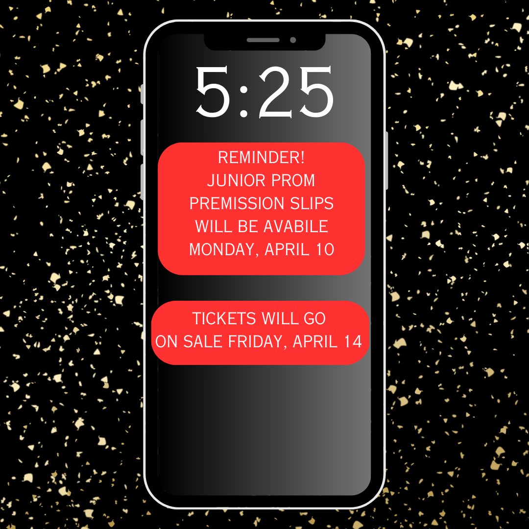 REMINDER: JUNIOR PROM TICKETS GO ON SALE TOMORROW AT 7AM IN THE CAFETERIA!!! DO NOT FORGET TO BRING YOUR PERMISSION SLIPS!!