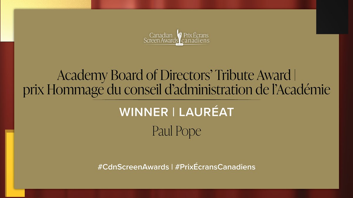TheCdnAcademy's tweet photo. Tonight we honour this year’s recipient of the Academy Board of Directors’ Tribute Award, Paul Pope. His influence on our industry was immeasurable. #CdnScreenAwards https://t.co/3ZlrUwFWtL