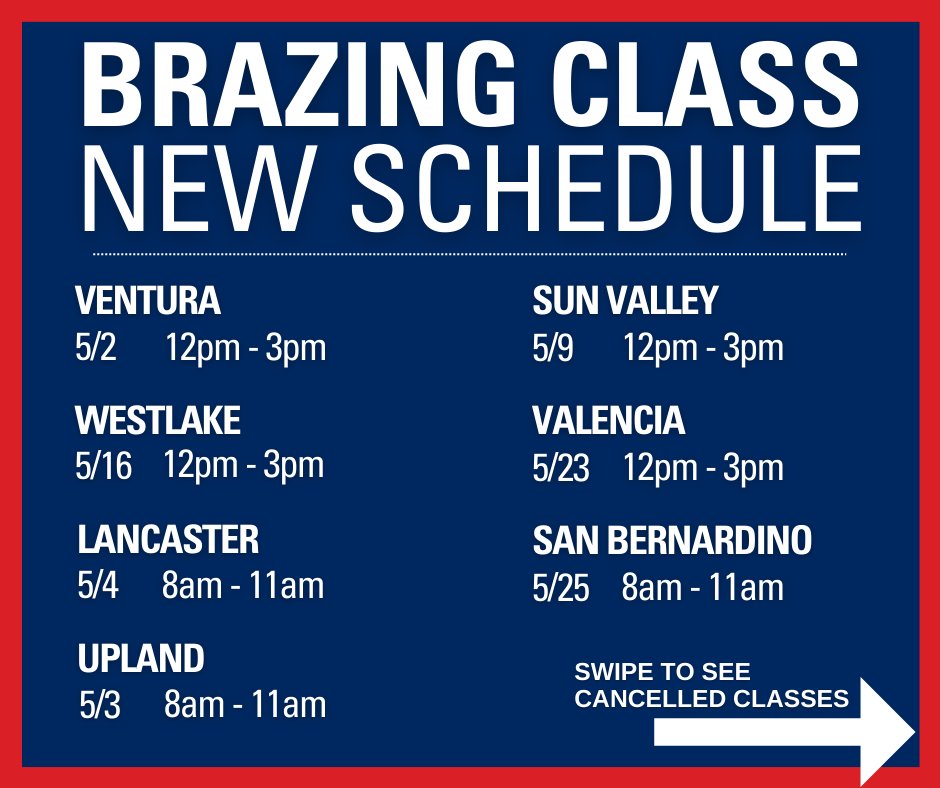 JSVenturaGroup's tweet image. 📣 NEW Brazing Class Updates!! Register today for our specialty brazing class (details above) & swipe to see our updated schedule and class cancellations. Click the link in our bio to sign-up #Brazing #TrainingClasses #VenturaGroup