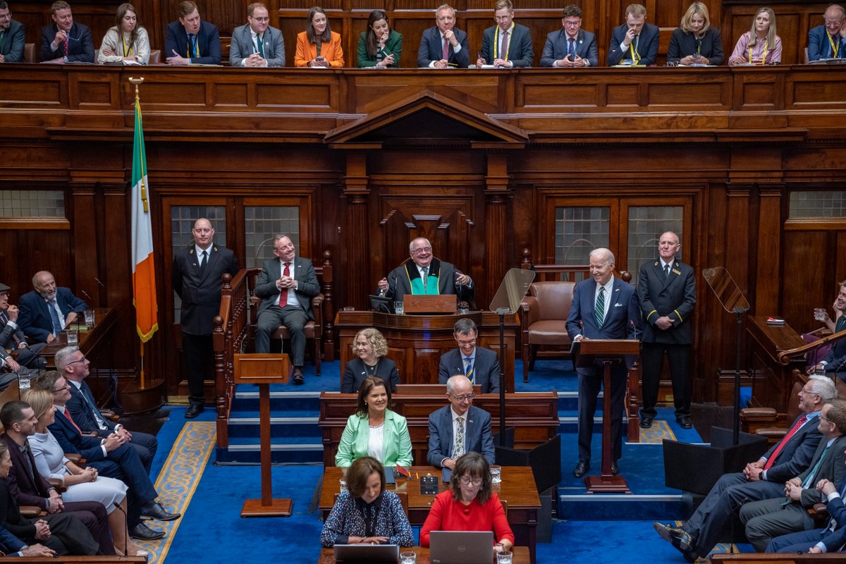 As the United States and Ireland celebrate our enduring partnership, let us harness our shared values and set our eyes squarely on the future.

Let us once more strive to make hope and history rhyme.
 
My thanks to the House of Oireachtas for the warm Irish welcome.