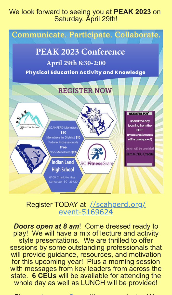 SCAHPERD_SCAPES's tweet photo. Our PEAK conference is just around the corner!  Register today at https://t.co/Gi9NXklgGz to reserve your spot!  Hope to see you there! https://t.co/guiyjjn91S