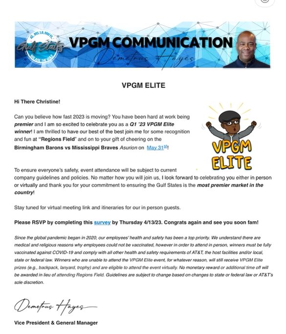 Good news on top of good news this week. Honored to be selected as a winner for Q1 ‘23 VGPM Elite! Thank you to all the leaders who push me to be my very best. Couldn’t have done it without your continuous support! 🏆 #WeAreTheGulf #lifeatatt <a href="/WeAreTheGulf/">Gulf States</a>
