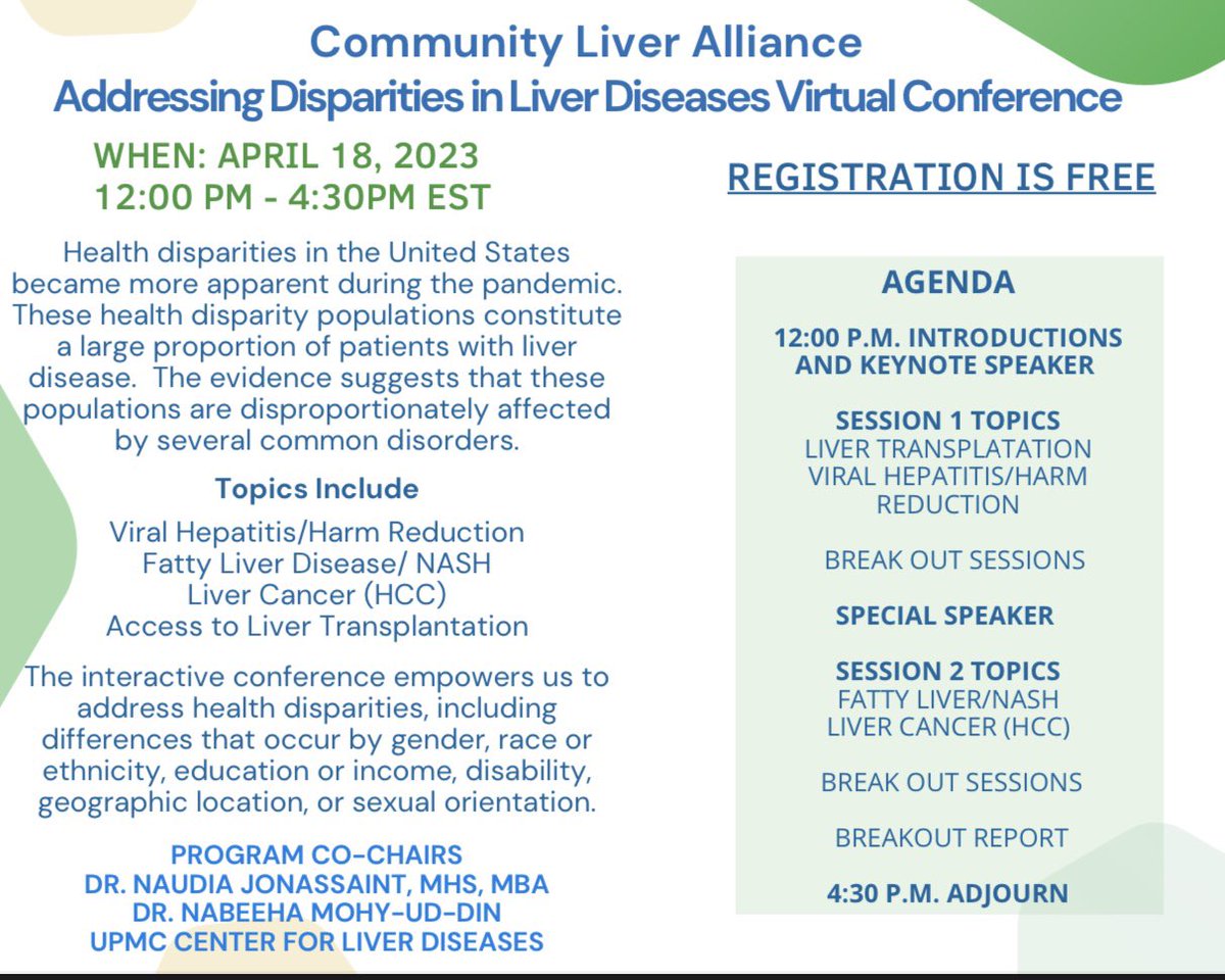 Nabeeha Mohy-ud-din MD (@nabeehamohyudd1) on Twitter photo Join us for <a href="/CLiverAlliance/">Community Liver Alliance</a> Disparities in Liver Diseases conference βοΈ
Speaker panel consisting of physicians AND patients speaking on disparities in:
Liver Transplantation
Viral Hepatitis
NASH
HCC
Join us on April 18th from 12-3:45 PM
Register at web.cvent.com/event/68fd478cβ¦ Join us for <a href="/CLiverAlliance/">Community Liver Alliance</a> Disparities in Liver Diseases conference βοΈ
Speaker panel consisting of physicians AND patients speaking on disparities in:
Liver Transplantation
Viral Hepatitis
NASH
HCC
Join us on April 18th from 12-3:45 PM
Register at web.cvent.com/event/68fd478cβ¦