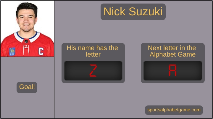 NHLAlphabetGame's tweet photo. Nick Suzuki just scored a goal!

His name has the letter Z. The next letter in the NHL Alphabet Game is now A.

We have cycled through the alphabet 43 times in the 2022-23 season.

BOS (2) @ MTL (2) 2nd 12:44 remaining https://t.co/b0QQvBpzp7