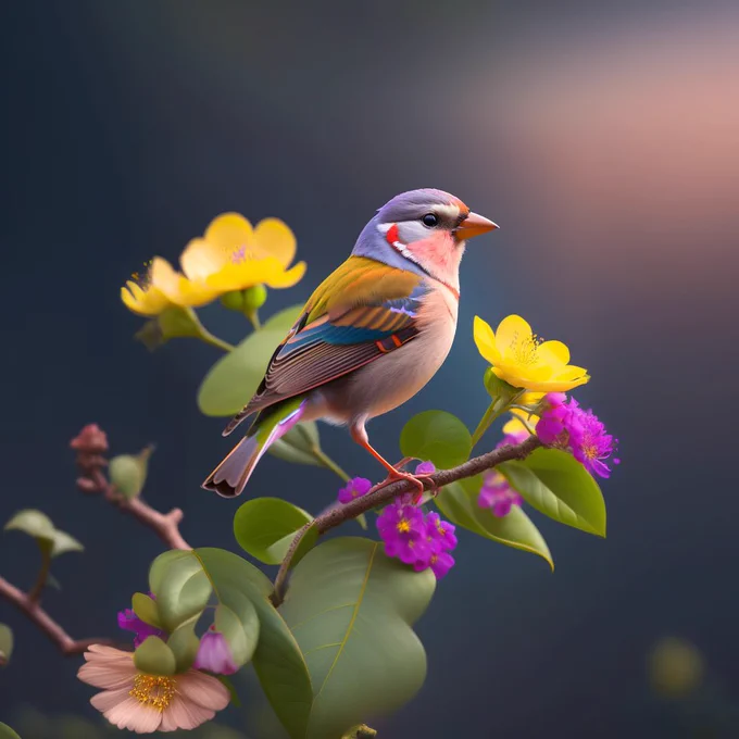 A tiny finch on a branch with spring flowers on background, aesthetically inspired by evelyn de morgan, art by bill sienkiewicz and dr. seuss, ray tracing, volumetric lighting, octane render.