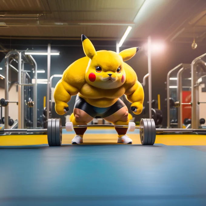 Pikachu doing deadlifts and getting swole at a luxury gym, portra 400, gym shot