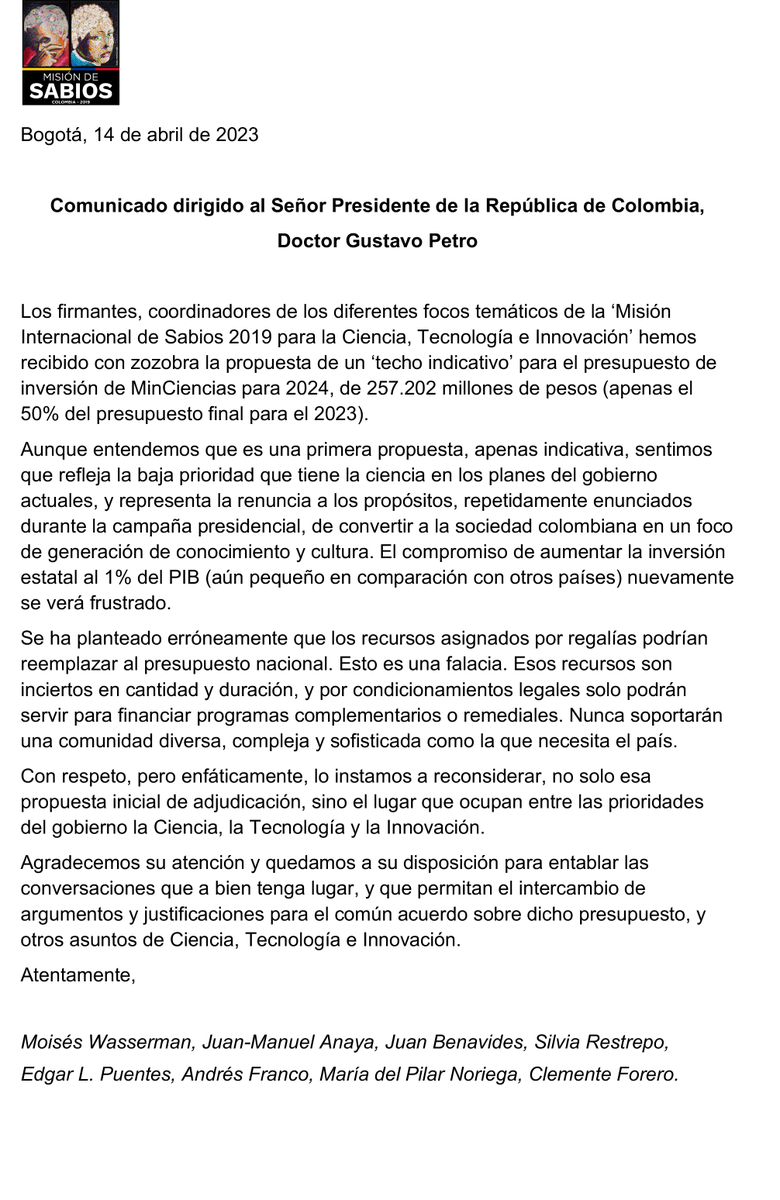 Comunicado dirigido al Señor Presidente de la República de Colombia, Doctor <a href="/petrogustavo/">Gustavo Petro</a>  

‘Misión Internacional de Sabios 2019 para la Ciencia, Tecnología e Innovación’