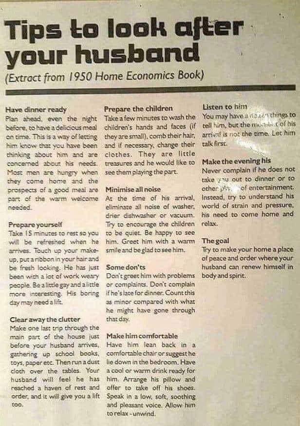Tamkhan's tweet photo. Old article from 1950 for wives, on how to look after their husbands. https://t.co/J7YAEpHQog