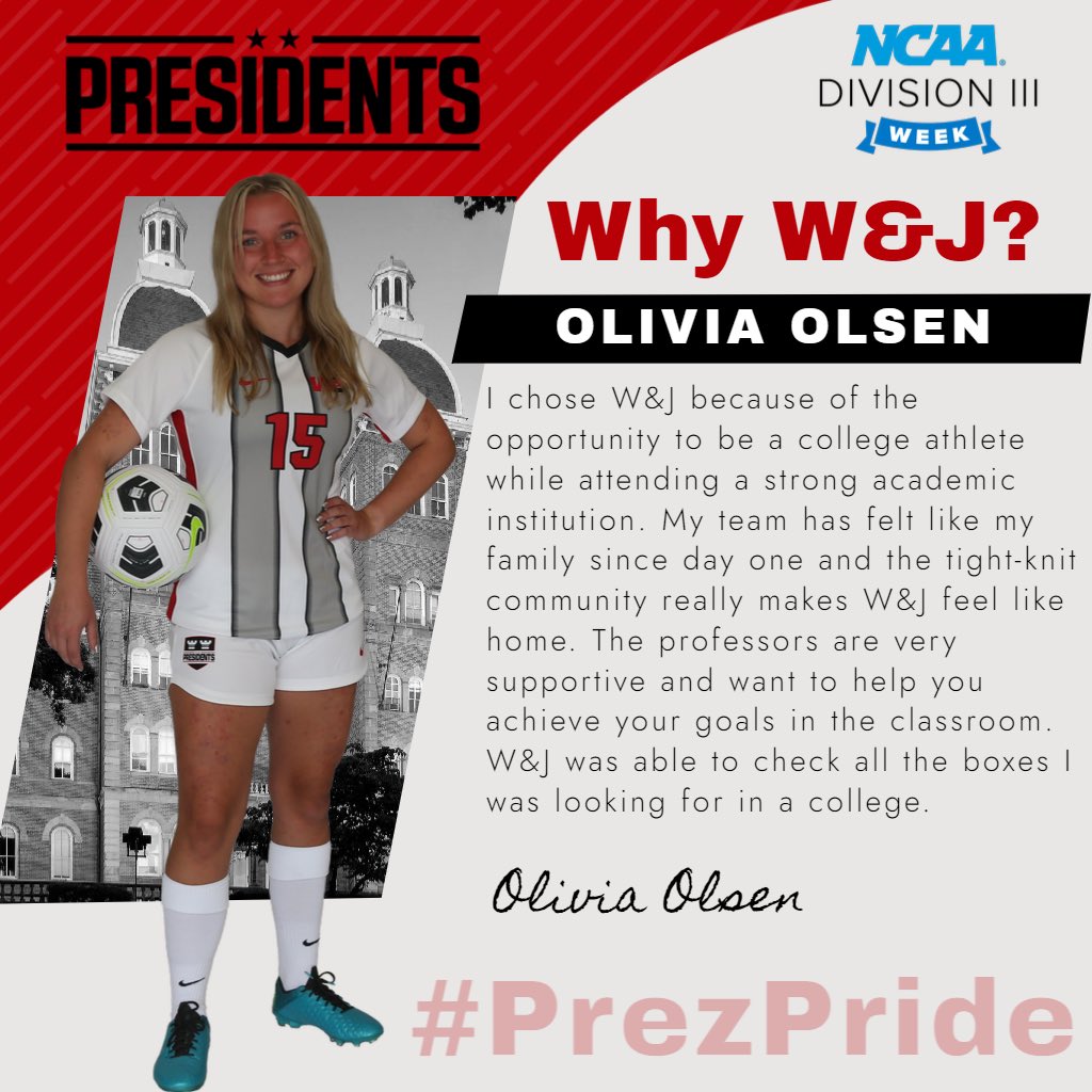 Our next featured student-athlete during #D3Week is sophomore Olivia Olsen! A two-year starter for @wj_wsoccer, Olsen spoke about how W&J checked all the boxes of what she was looking for in a college! 

#PrezPride #WhyD3 🔴⚫️