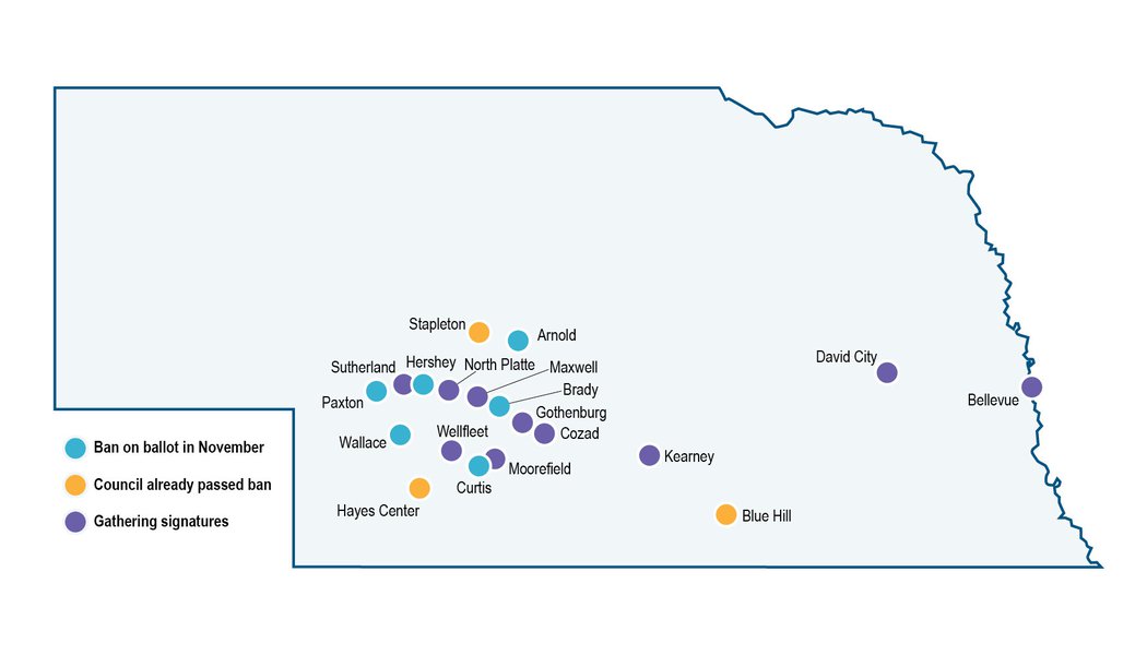 indivisibleLNK's tweet photo. This map shows the towns in Nebraska that have banned abortion (as of late 2022). It could happen in Lincoln too. It is very much a local issue. https://t.co/1BQ6bz1fTu