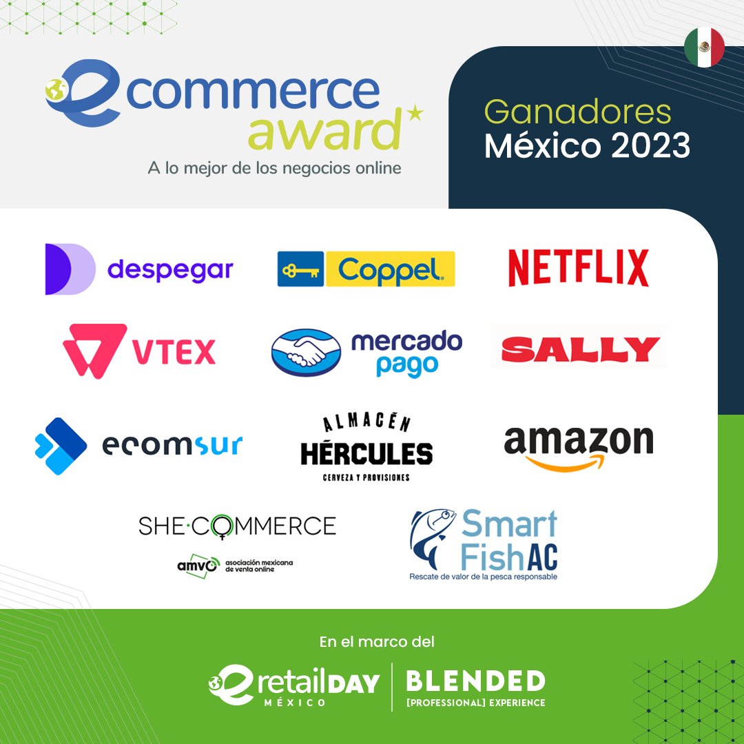 einstituto's tweet photo. 🏆 ¡Felicitamos a las empresas ganadoras de los eCommerce Award #México 2023!
@DespegarMX, Coppel, Netflix, @vtexonline , @MercadoPago, Sally Beauty, #Ecomsur, Almacén Hércules, https://t.co/O1qy1iMFEX, She Commerce (AMVO) y @SmartFishAC.
#eRetailDay #award #digitalcommerce https://t.co/S5ft50tkxb
