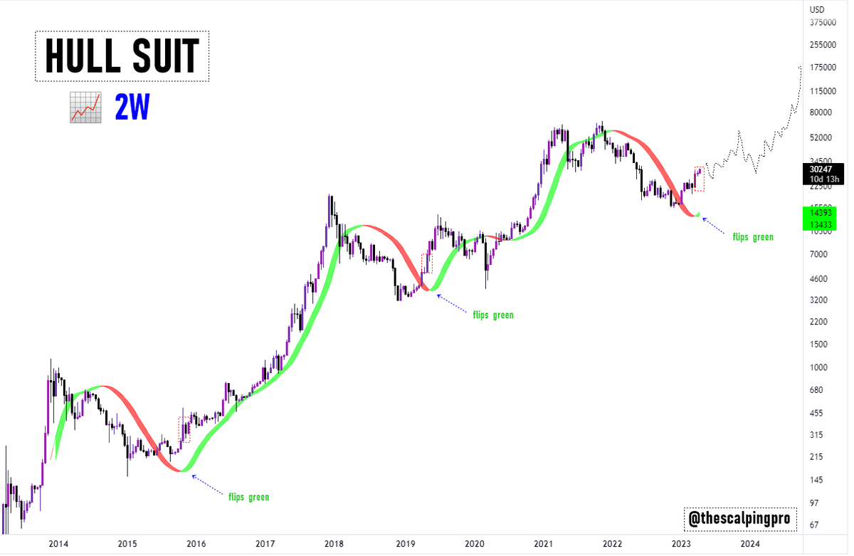 Rafaelitovi's tweet photo. #Bitcoin O Hull Suit no gráfico 2W está ficando verde novamente! Ainda estamos na fase inicial da Bull Run #crypto #btc #herego https://t.co/xofeJ8V8Rq