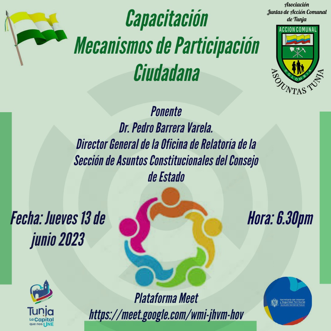 A esta hora las Juntas de Accion Comunal de la ciudad de Tunja se 
Capacitan en Mecanismos de Participacion Ciudadana en compañia del Doctor Pedro Darrera Valera Director de Relatoria de la Seccion de Asuntos Constitucionales del Consejo de Estado.
<a href="/AlcaldiaTunja/">Alcaldía Mayor de Tunja</a>
<a href="/FunemeAlejandro/">Alejandro Fúneme</a>