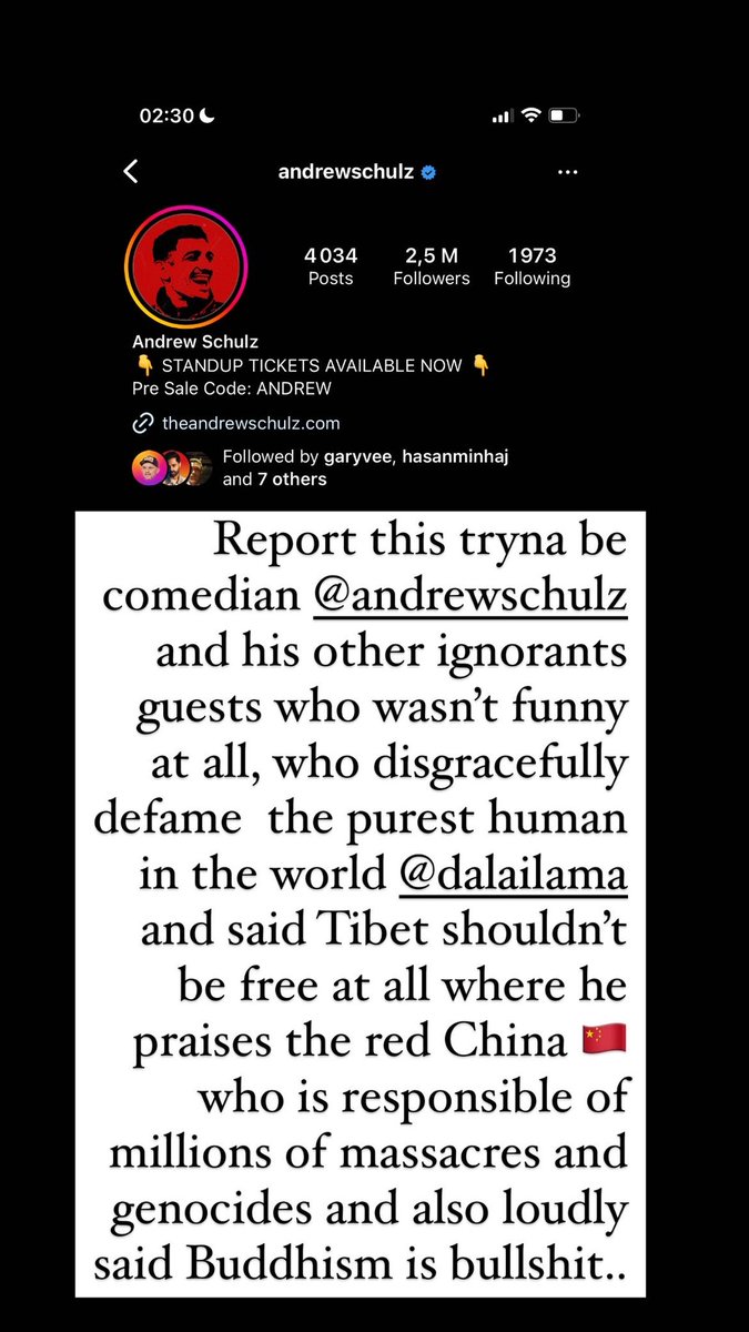 RealDorji's tweet photo. @andrewschulz @Flagrant2Army 
You should apologize to @DalaiLama  and fellow tibetans and Buddhists.
You will be forever be the one ignorant tryna be comedian who isn’t funny at all. #DalaiLama #TruthBeTold https://t.co/RQiclXPQb9
