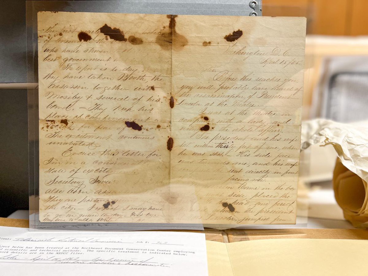 #ConservationWin this letter was found in a box in our archives. It was already preserved by @NEDCCInfo in 1991, none of our current volunteers had ever seen it. Written by a #PlainvilleMa resident who was at #FordsTheater the night #PresidentLincoln was assassinated. 
#Archive30