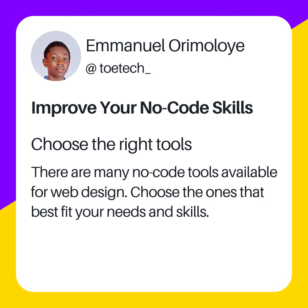 ToeTech_'s tweet image. Focus on user experience
There are many no-code tools available for web design. Choose the ones that best fit your needs and skills.
#nocodeconsultant #nocodeconsultation #nocodeapps #nocodeneeded💻 #nocodeneeded #nocodenecessary