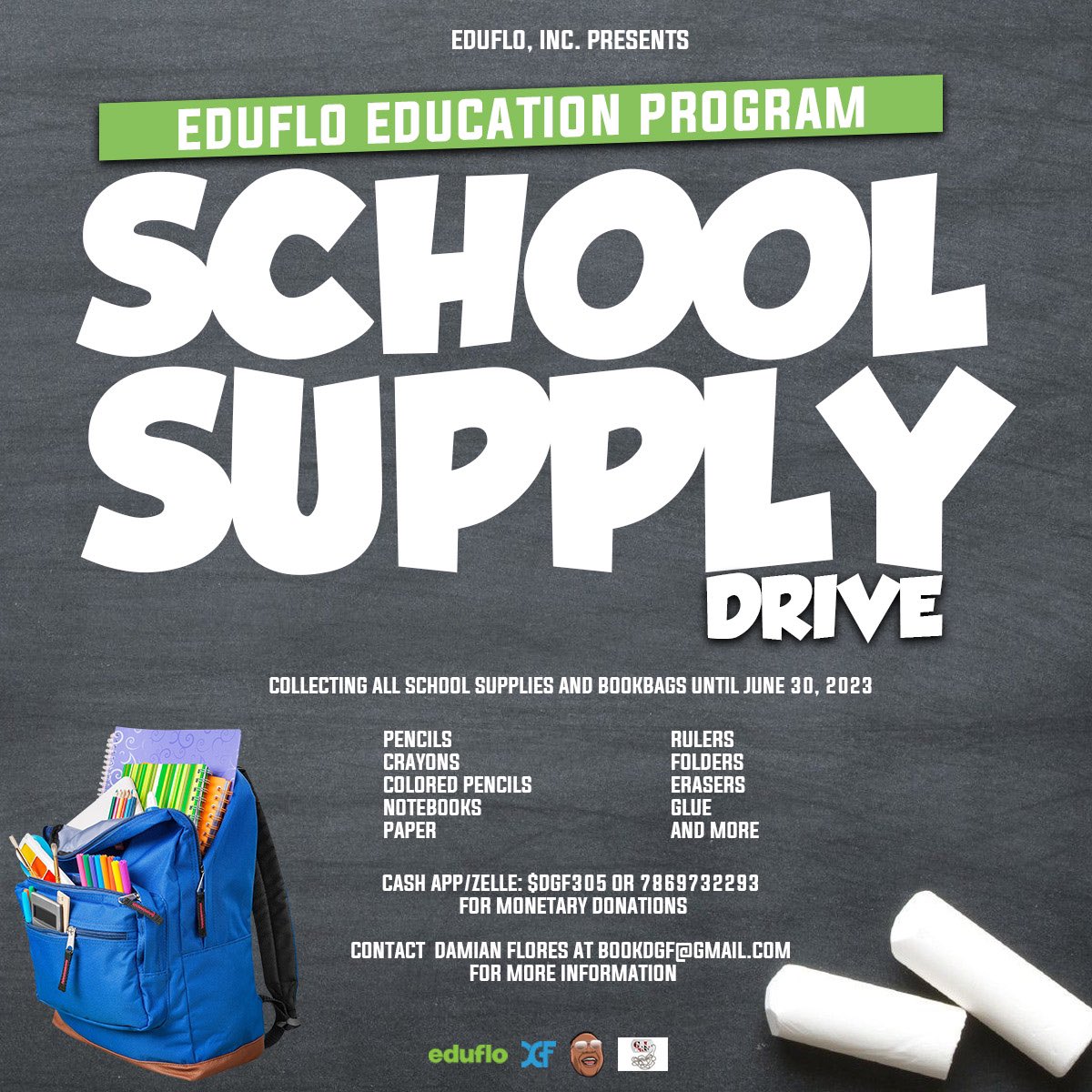 An EduFlo Education Program - School Supply Drive 📚🖇✂️✏️🖍📓

We are collecting school supplies & book bags until June 30, 2023. 

Visit us at eduflo.org

#EduFlo #Education #GetRightOrGetLeft #BookDGF #SchoolSupplyDrive