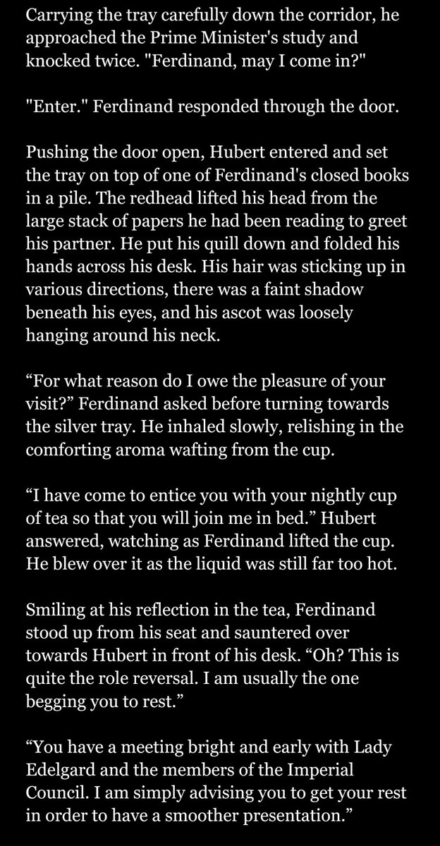 MahouMiss's tweet photo. "Sleepy Time Tea" | Malewife Hubert Drabble #1 | #ferdibert #FerHu
SUMMARY: Hubert prepares Ferdinand his nightly cup of tea to convince him to go to bed. https://t.co/tFdh7HVbXk