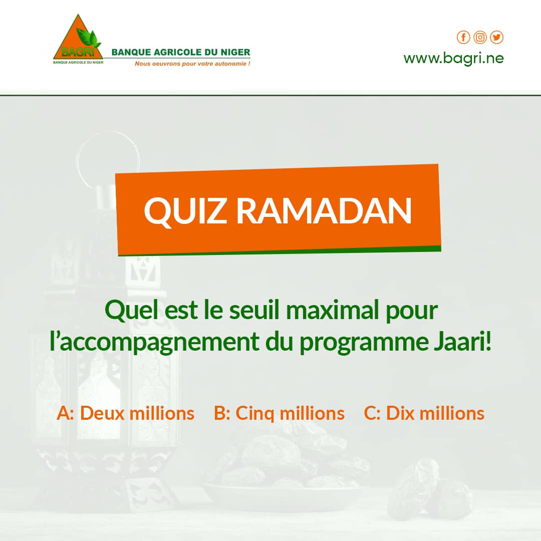 NigerBagri's tweet photo. Quel est le seuil maximal pour l���accompagnement du programme Jaari! 
A: Deux millions 
B: Cinq millions
C: Dix millions https://t.co/BrIcSXLZHe