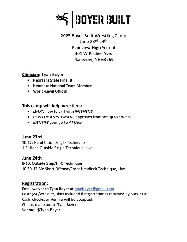 PirateGrapplers's tweet photo. My son, Tyan Boyer, will be putting on a camp in Plainview for grades 7-12 boys/girls. We believe in going to camps that you are drilled enough to learn something and not just a grab bag of moves. There will be set-ups, shots to a finish drilled. 4-2hour sessions for $50 w/ shirt https://t.co/kem0QP2mkL