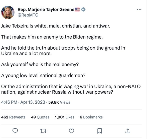 heart_stamper's tweet photo. Rep Greene is a traitor and needs to be removed from congress. @SpeakerMcCarthy this behavior cannot stand. DO SOMETHING! #homelandsecuritycommittee #ExpelMarjorieTaylorGreene https://t.co/MvKr7Km3Rh