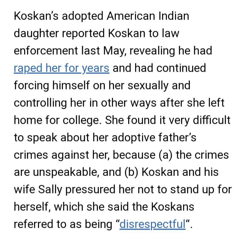 Unsuccessful GOP South Dakota state Senate candidate Joel Koskan and wife Sally adopted a little girl in 2010.

Koskan groomed and raped her for almost a decade. Sally pressured adopted daughter not to report the rapes because it was disrespectful to the family.

Not A Drag Queen