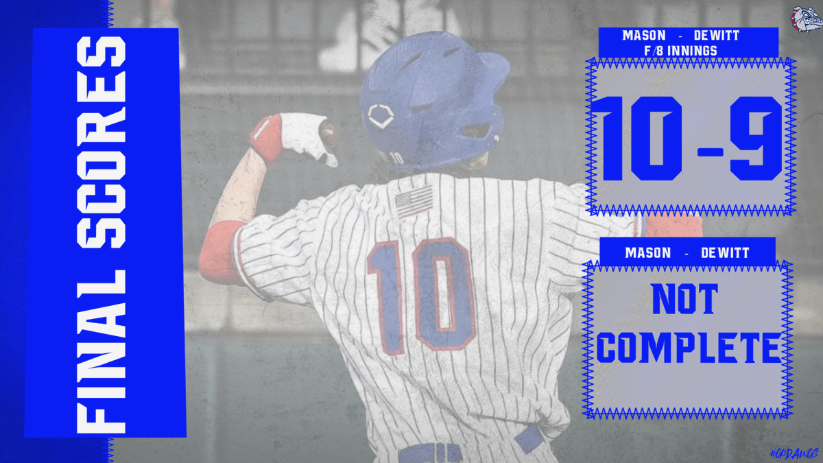 Baseball rallies past Dewitt, scoring 8 runs in the top of the 7th, to win 10-9 in extra innings! Mason was leading 7-0 in game two, prior to being cancelled due to darkness. Go Dawgs!