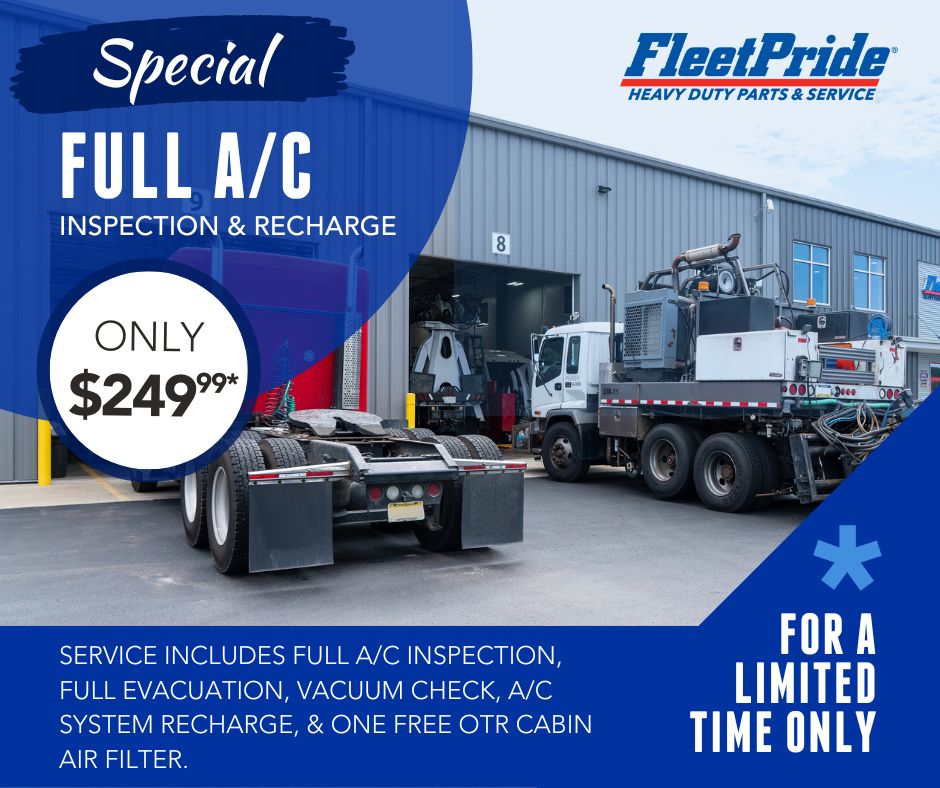 FleetPrideInc's tweet photo. Listen up, #TruckingIndustry! ⚠️ Now's the time to take advantage of this month's Service Special: Full A/C inspection &amp; recharge for just $249.99! https://t.co/d3m9h3r9hK

#TogetherWeCan #ACInspection https://t.co/VB1ra0lYME