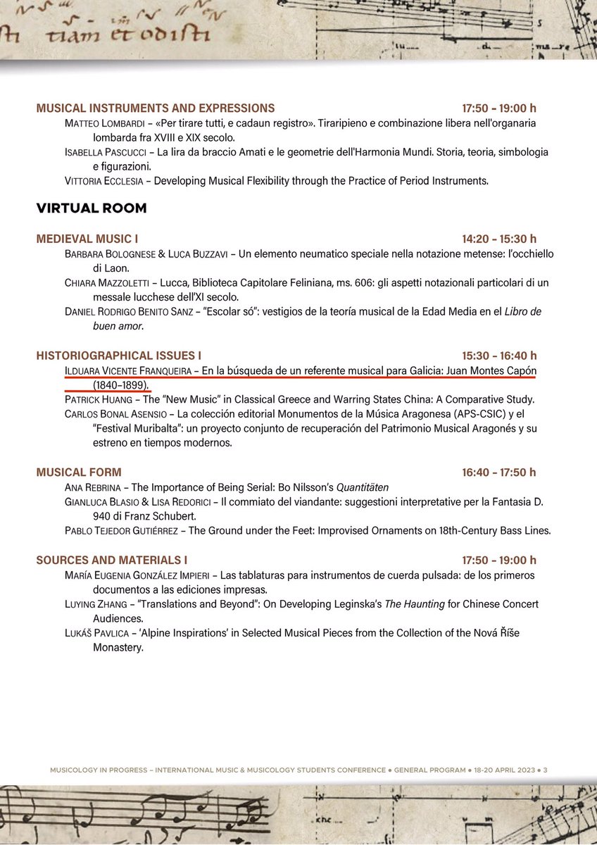18 abril Ilduara Vicente participa no “International music &amp; musicology students conference” de Cremona co relatorio “En la búsqueda de un referente musical para Galicia: Juan Montes Capón (1840-1899)”
.
#grupoorganistrum <a href="/unipv/">Università di Pavia</a> <a href="/UniversidadeUSC/">USC</a> <a href="/Xunta/">Xunta de Galicia</a> <a href="/facultadeXH/">Facultade de Xeografía e Historia</a> <a href="/CulturaXunta/">Cultura de Galicia</a>