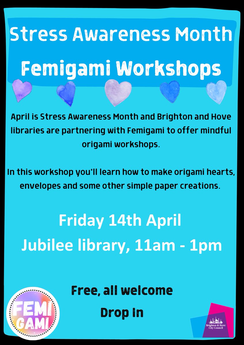 Join us today at Jubilee library, 11am - 1pm, for some
@femigami origami workshops . The workshops are friendly, supportive and open to all 💜
#Hove #Brighton #creative #origami #StressAwarenessMonth