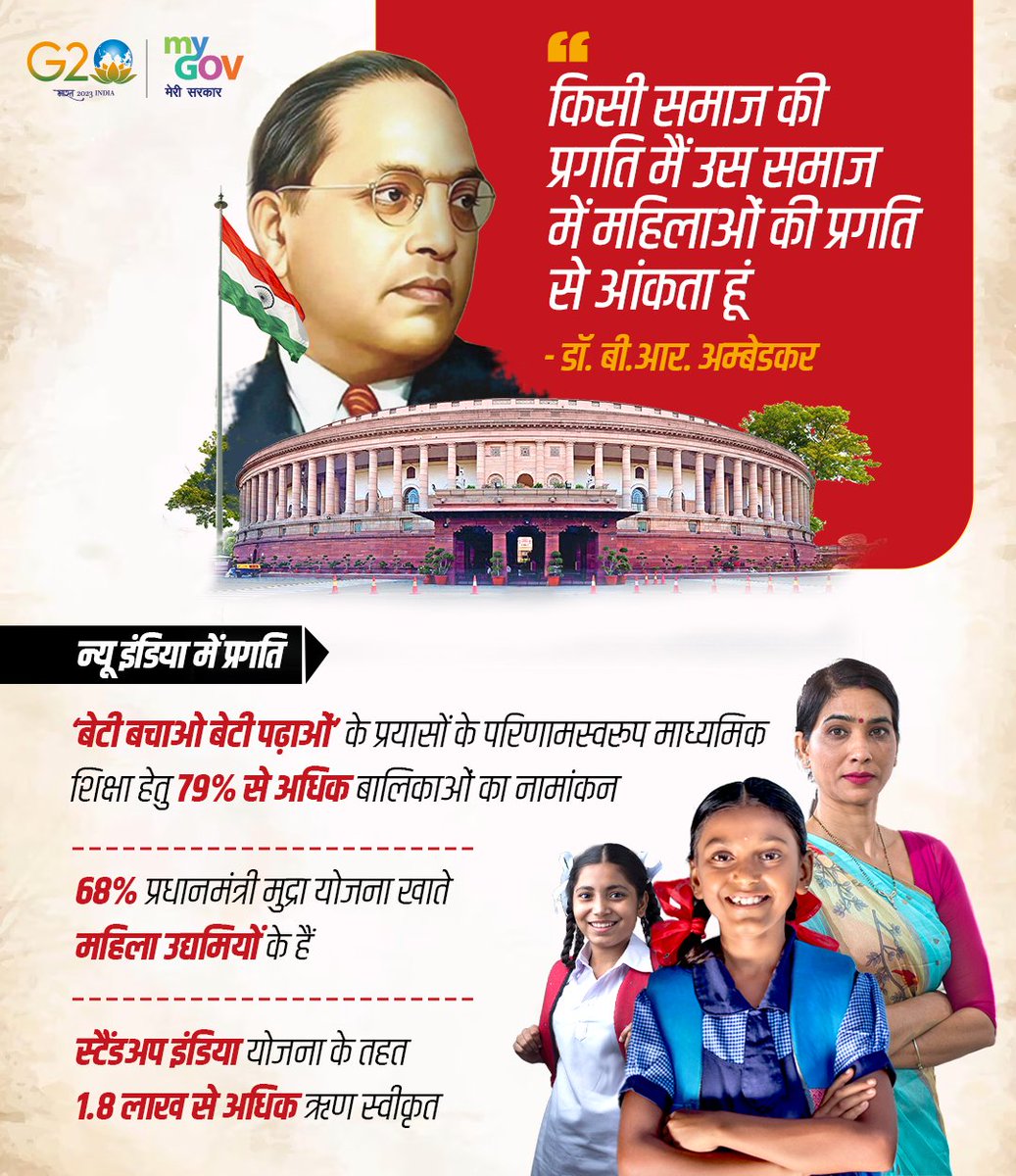 डॉ. बाबासाहेब अम्बेडकर लैंगिक समानता और महिला सशक्तिकरण के प्रबल पक्षधर थे। महिला सशक्तिकरण और लैंगिक समानता के उनके सिद्धांत आज समस्त देशवासियों के लिए प्रेरणा के स्रोत हैं। #WomenEmpowerment #AmbedkarJayanti
<a href="/MinistryWCD/">Ministry of WCD</a>
<a href="/MSJEGOI/">Ministry of Social Justice & Empowerment, GOI</a>
<a href="/PMOIndia/">PMO India</a>
<a href="/PIB_India/">PIB India</a>
<a href="/MIB_India/">Ministry of Information and Broadcasting</a>