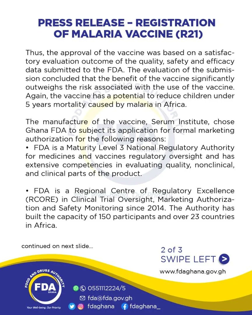 fdaghana's tweet photo. FDA approves R21 Malaria Vaccine for immunization in Ghana, read more in the statement below https://t.co/hnbZ2n43ip