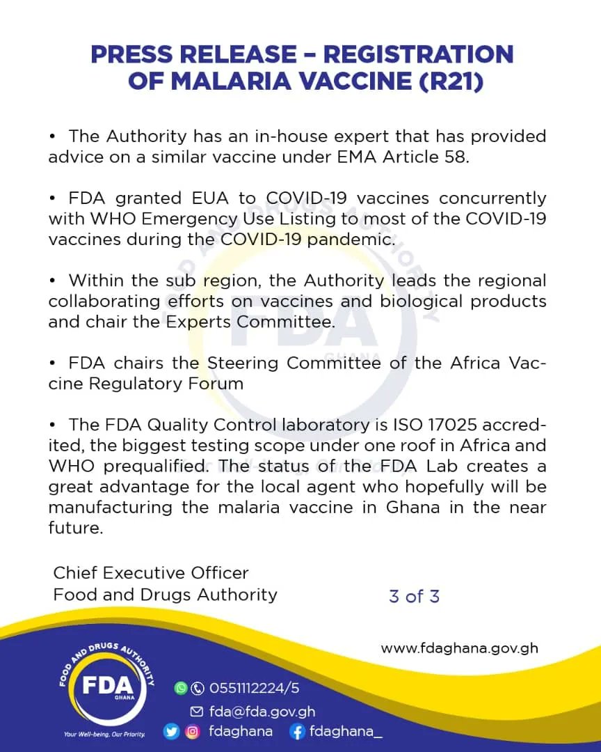 fdaghana's tweet photo. FDA approves R21 Malaria Vaccine for immunization in Ghana, read more in the statement below https://t.co/hnbZ2n43ip