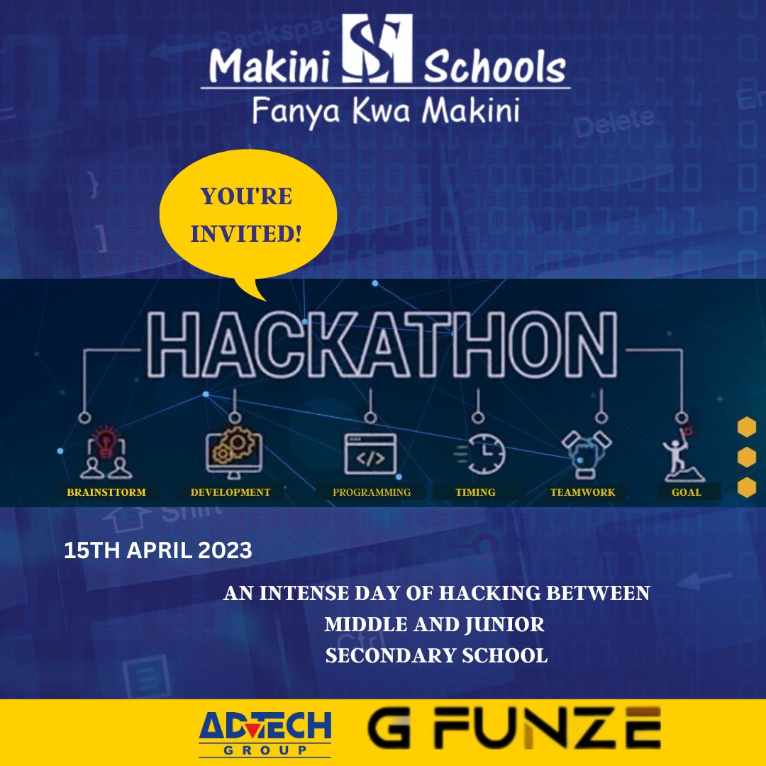 Makini_Schools's tweet photo. You're invited to Makini School  and
 @GFUNZE_KE -KE hackathon....

Makini middle school and Junior Secondary will have
one intense day of hacking competition. The winner
gets a new laptop.

For more information about us visit: https://t.co/zJThjphB3F https://t.co/2FhA7RylsO