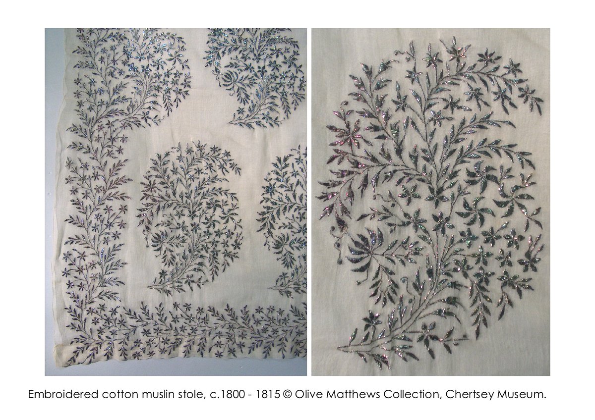 ChertseyMuseum's tweet photo. #FridayFrocks – A cotton muslin shawl, c.1800–1815, with #HandWork embroidery in metal strips. It is designed to glitter by candlelight. This is therefore likely to be an eveningwear accessory. #RegencyFashion #PaisleyPattern https://t.co/3L48bhFbcP