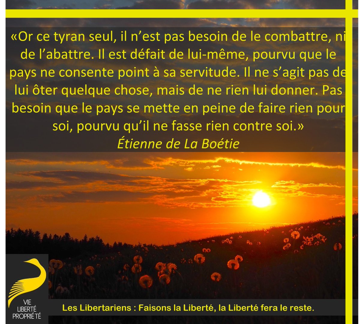StephaneGeyres's tweet photo. Or ce tyran seul, il n’est pas besoin de le combattre, ni de l’abattre. Il est défait de lui-même, pourvu que le pays ne consente point à sa servitude. Il ne s’agit pas de lui ôter quelque chose mais de ne rien lui donner.
#Tyrannie #Léviathan #Asservis #Moutons #Révolte #Passifs https://t.co/8z17Gr79cA