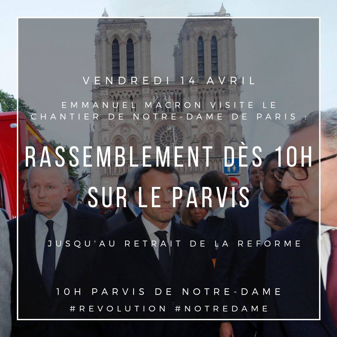AnonymeCitoyen's tweet photo. Des appels à se rassembler à 10h sur le Parvis de Notre-Dame circulent sur les réseaux sociaux alors qu'Emmanuel Macron doit se rendre sur le chantier dans la matinée #ReformeDesRetraites #France #greve13avril #ConseilConstitutionnel https://t.co/lk7HyaOIVJ