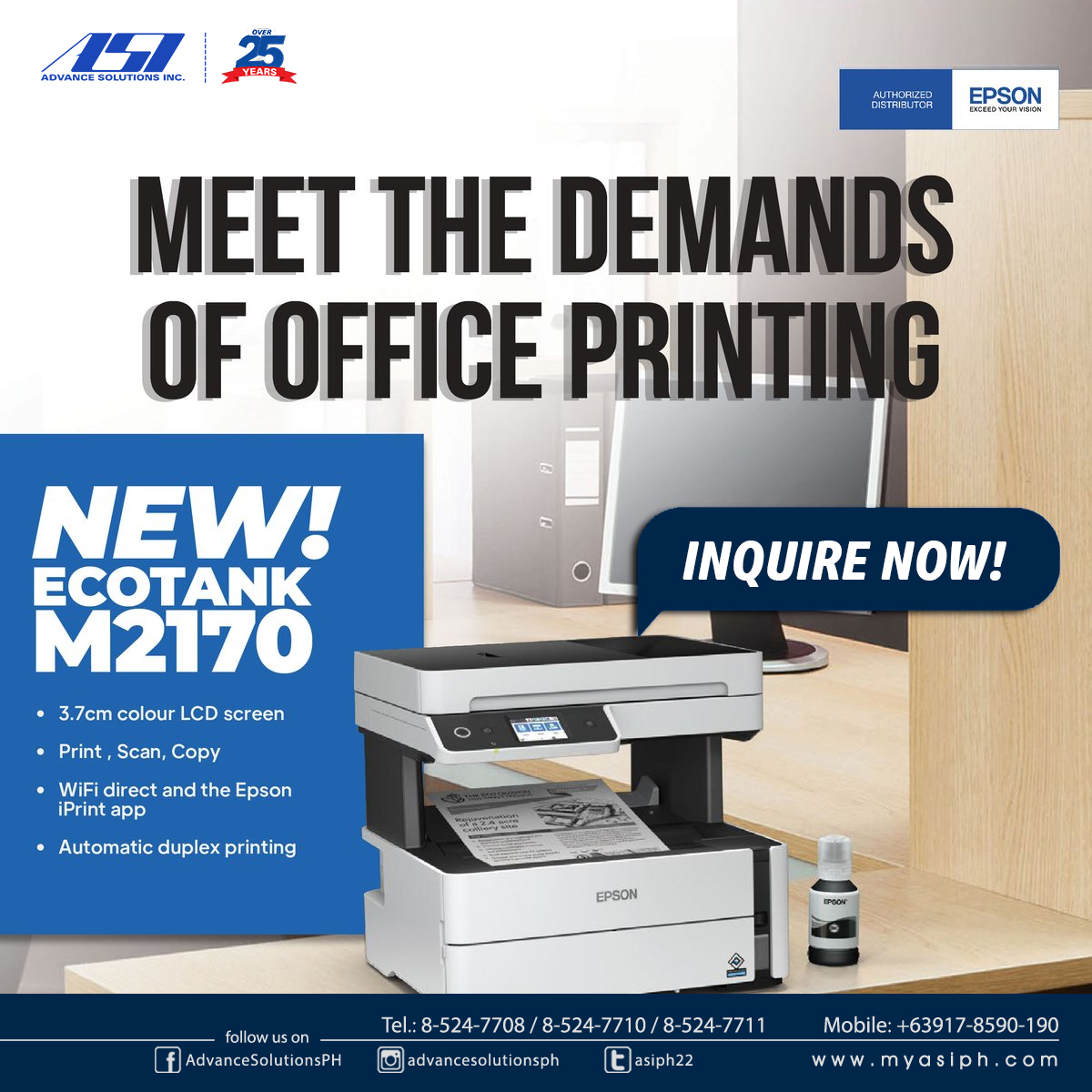 asiph22's tweet photo. A High-speed Printer Capable of Doing More!

CALL US NOW! 
T: 8-524-7708 / 8-524-7710 / 8-524-7711 
M: +63917-8590-190 
https://t.co/qXwB7aouUM
FB:    AdvanceSolutionsPH 
IG:    advancesolutionsph  
#myasiph #Epson #Printer #EcoTank https://t.co/aJZwXfjlnm