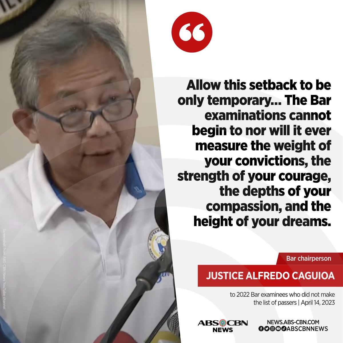 ABSCBNNews's tweet photo. 'ALLOW THIS SETBACK TO BE ONLY TEMPORARY'

Narito ang mensahe ni Bar chairperson Justice Alfredo Caguioa para sa mga bigong makapasa sa 2022 Bar Exams. #Bar2022

Kaugnay na ulat: https://t.co/9V5TtVmZwt https://t.co/vaWxYIRRQv