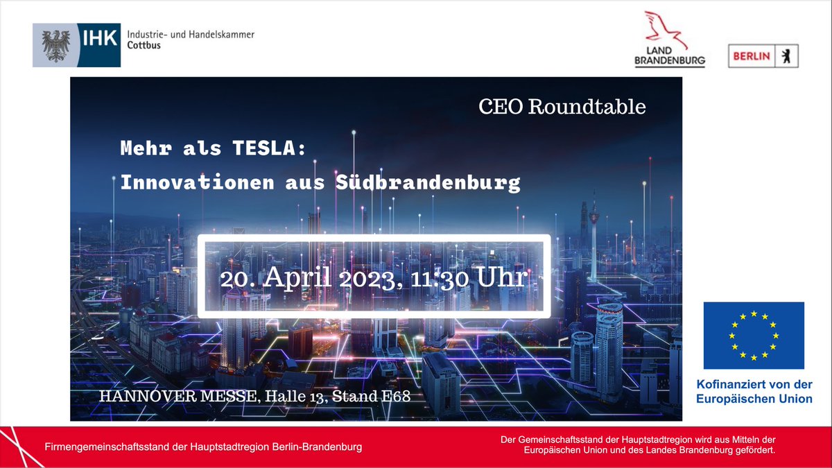 UllmannJens's tweet photo. #CEO Roundtable @hannover_messe . Der #TESLA-Effekt wirkt. Wachstum und Investitionen sind auf Rekordniveau. In Südbrandenburg läuft die industrielle #Transformation einer traditionellen #Energieregion. Der #Mittelstand gestaltet entscheidend mit ... #HM23 https://t.co/ekjLUPQAsN