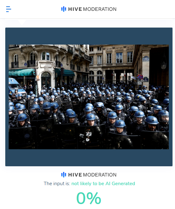 nicolasberrod's tweet photo. La fameuse photo des gendarmes en rangs serrés devant le Conseil constitutionnel hier (crédit Reuters/Stéphane Mahé).

• 82% de probabilité d'avoir été générée par un outil d'intelligence artificielle, selon Hugging Face 🤯

• 0%, selon Hive Moderation 😮‍💨

1/2 https://t.co/r4NsAhKD9U