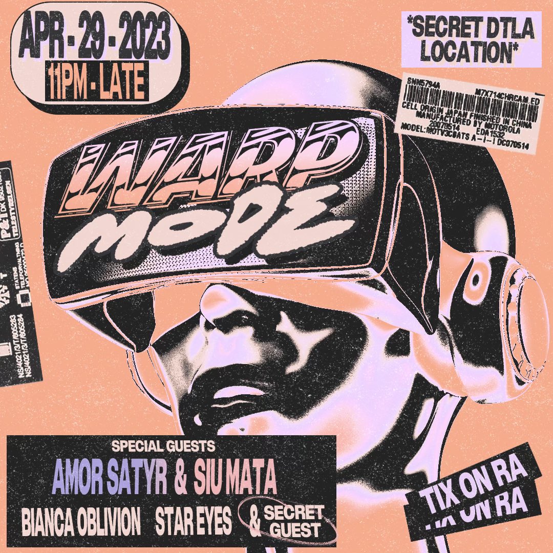 biancaoblivion's tweet photo. Our last #WarpMode of the spring will be a BIG one—LA debut of Amor Satyr &amp; Siu Mata PLUS a super secret special UK guest—expect major fomo if u don’t make it to this one 🥵
+ rezzies @stareyezzz + me
🎟️ on RA https://t.co/jU2JZoM7o6 https://t.co/7cB4jw4PIe